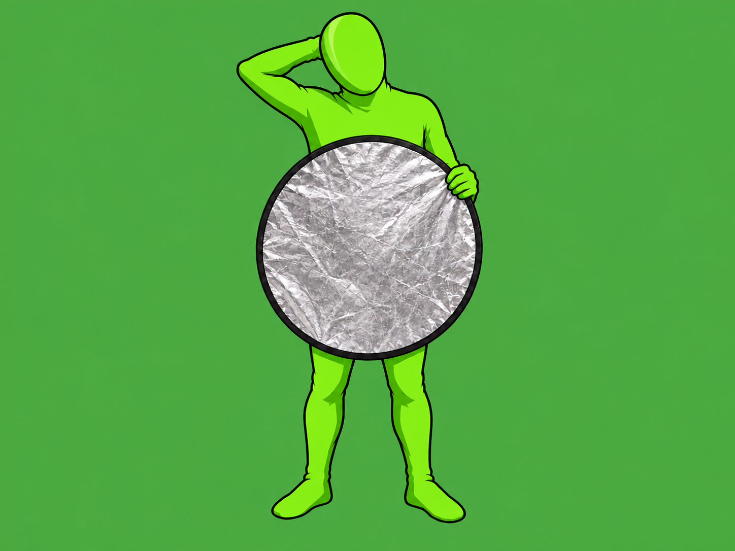 The green-suited mascot shrugging awkwardly behind his silver studio reflector